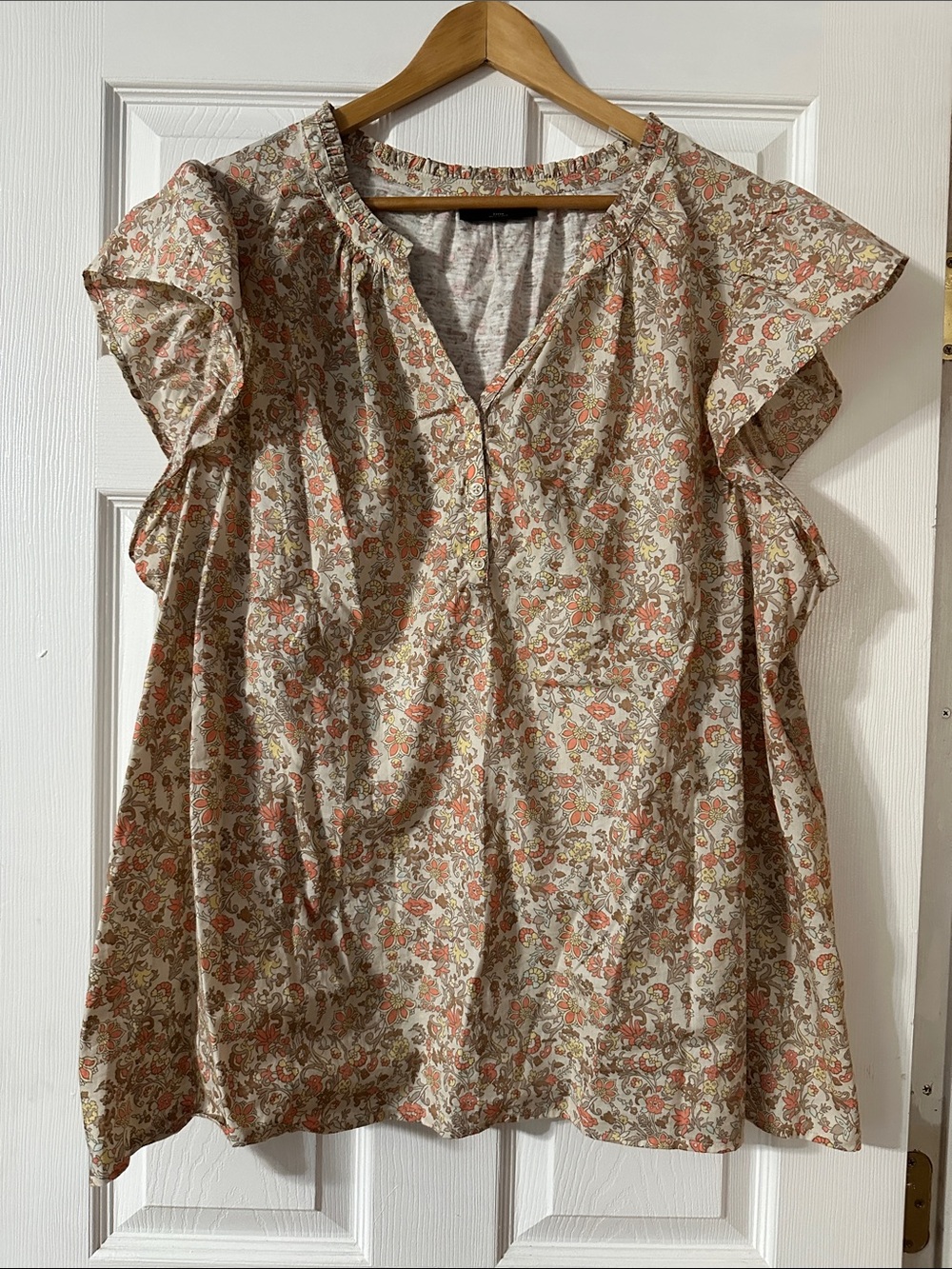 Lane Bryant Cream Floral Ruffle Sleeve Blouse with Coral Accents